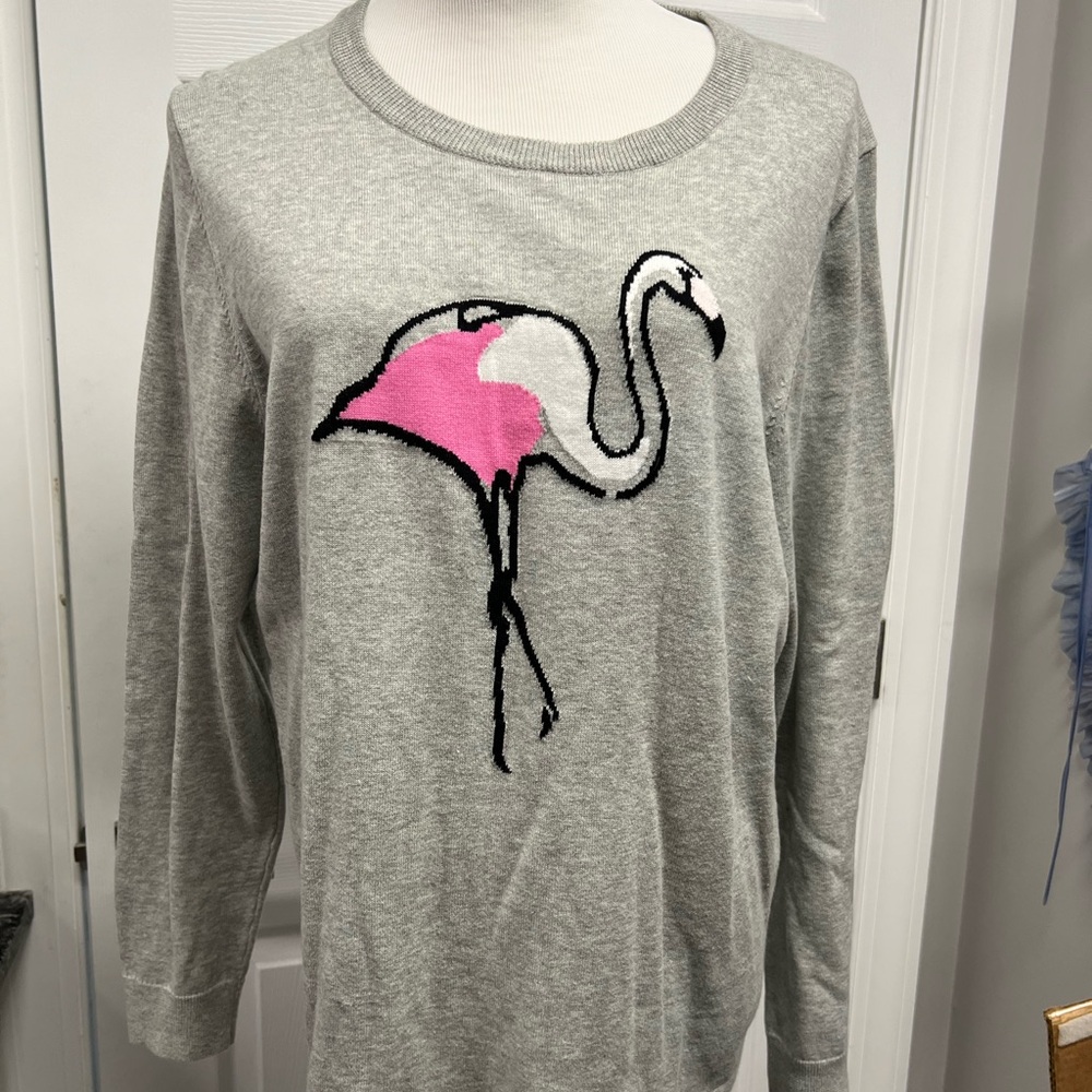 Crown & Ivy flamingo sweater gray crew neck long sleeve xl
